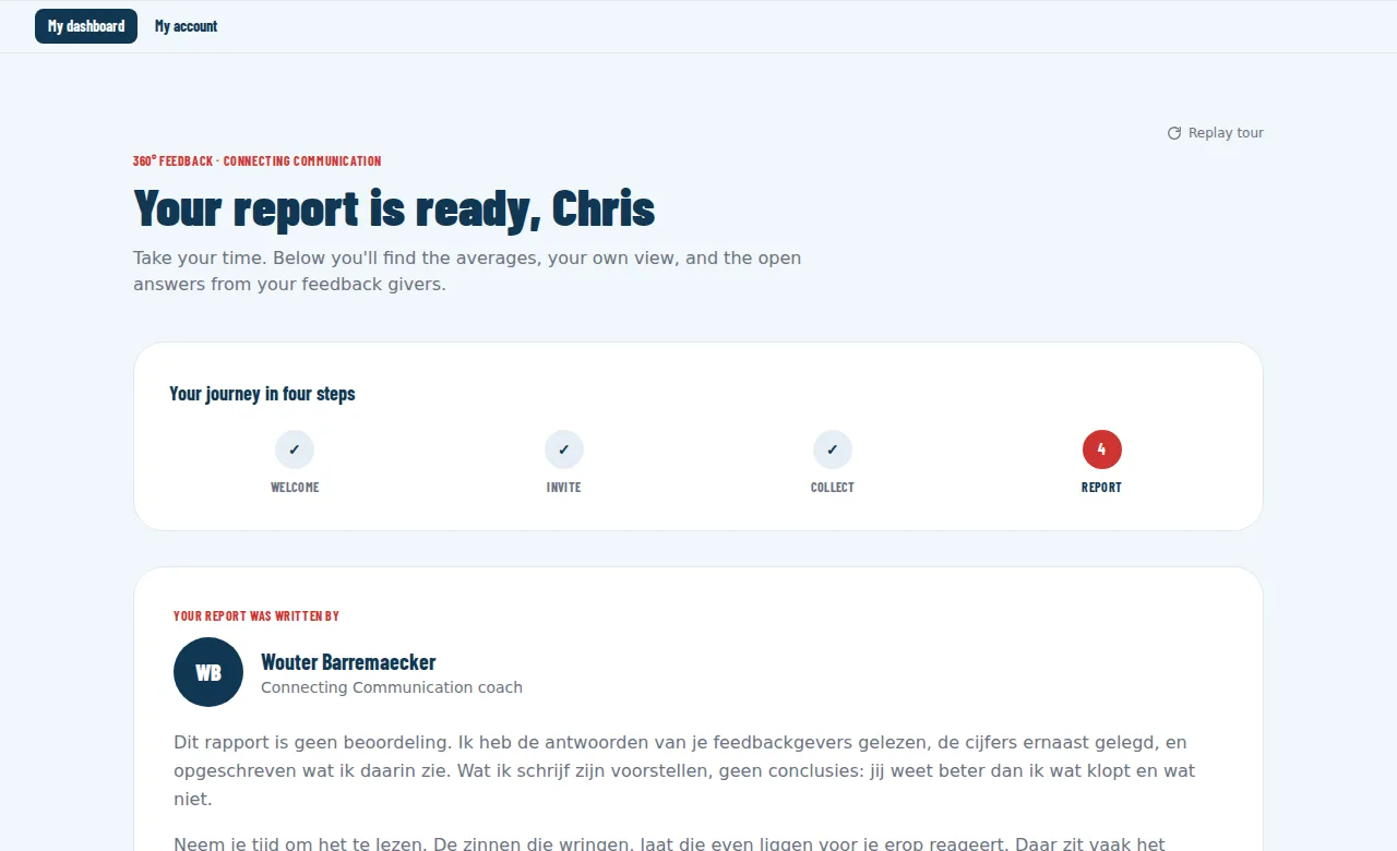 The dashboard with the finished report and the coach card above it.