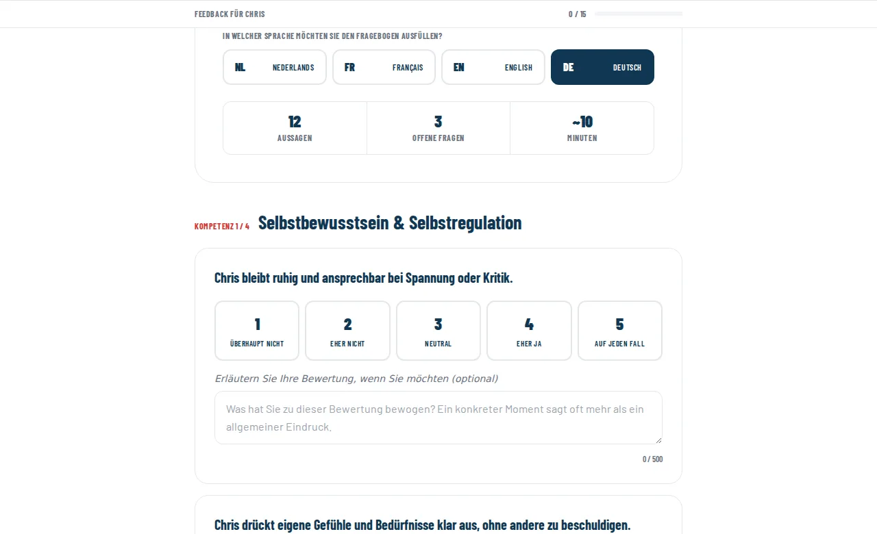 Der Fragebogen mit einer Aussage, der Fünf-Punkte-Skala und einem Erläuterungsfeld.