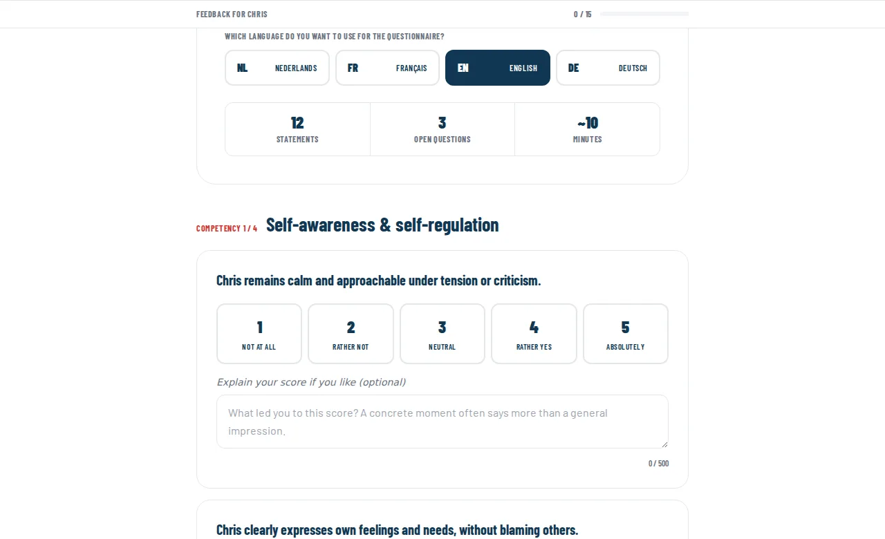 The questionnaire with a statement, the five-point scale and a comment field.