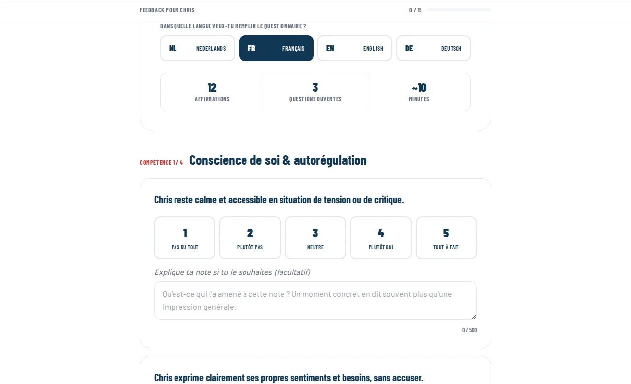 Le questionnaire avec une affirmation, l'échelle en cinq points et un champ de commentaire.