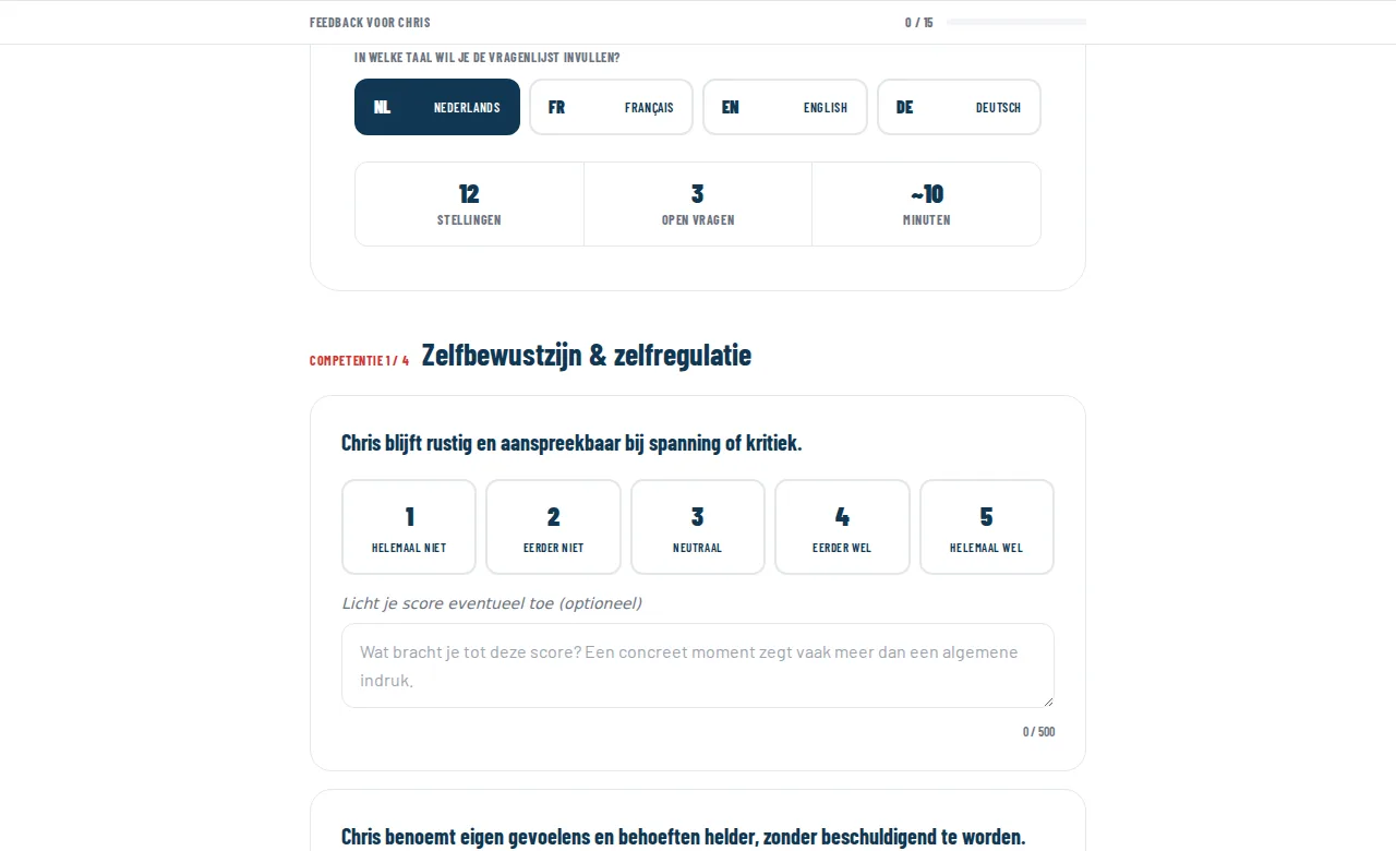 De vragenlijst met een stelling, de vijfpuntsschaal en een veld voor toelichting.