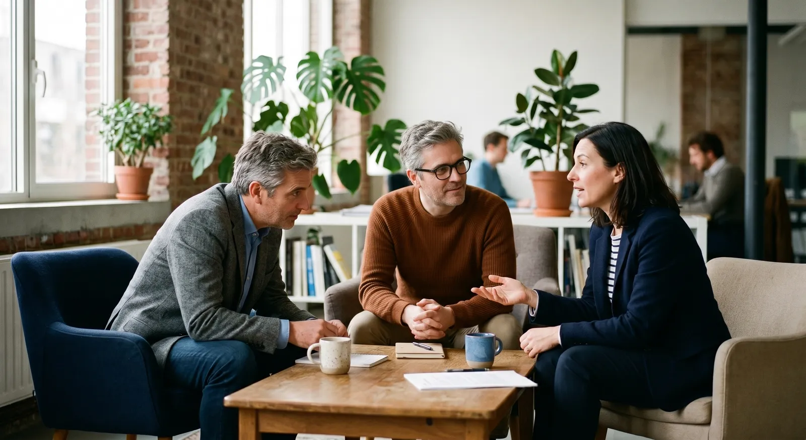 Drie collega's in gesprek aan een lage tafel. Eén vrouw is aan het woord, twee mannen luisteren toe.
