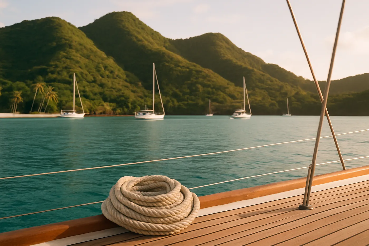 Zeilboot voor anker in een turquoise baai met groene heuvels.