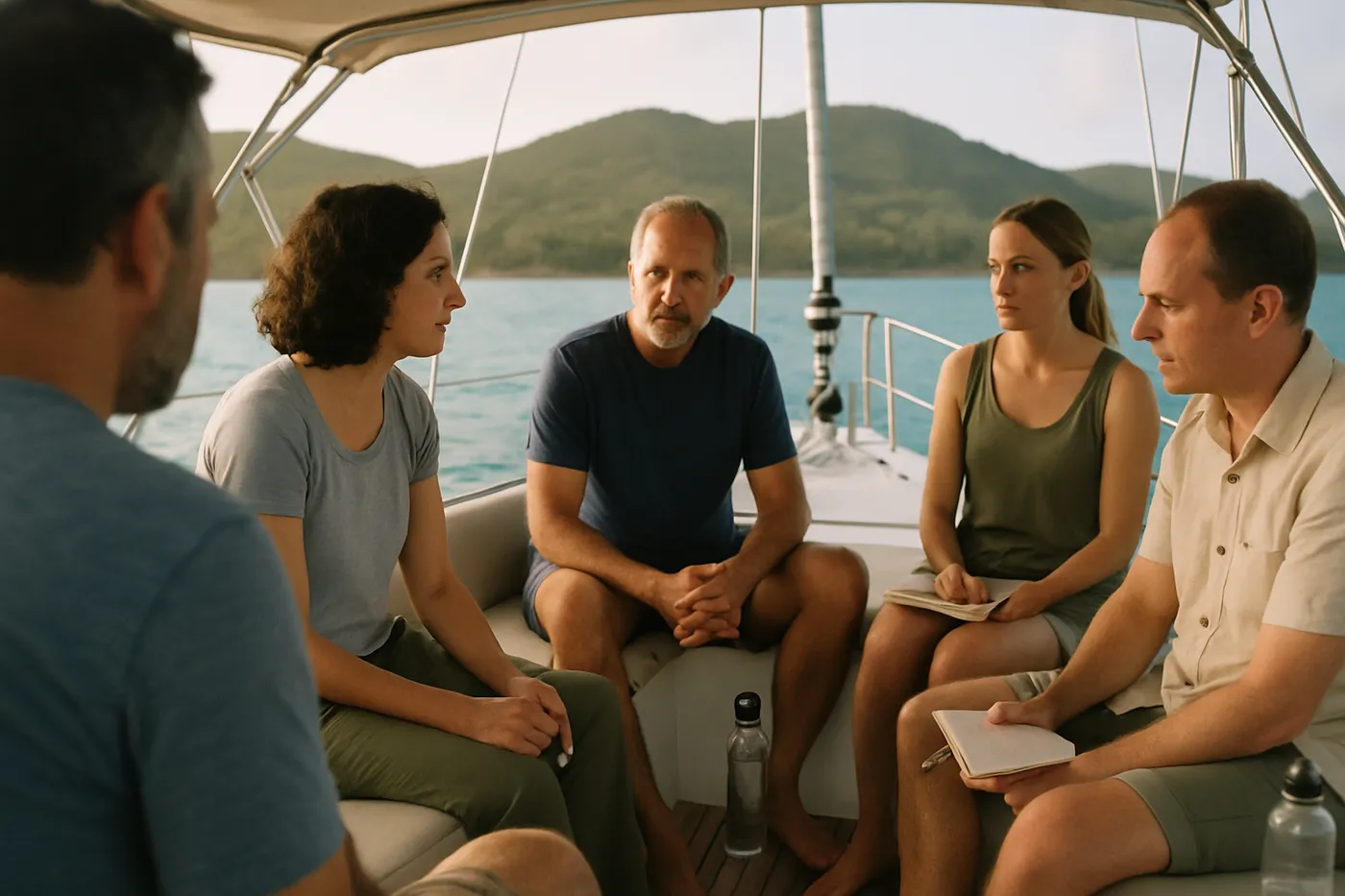 Een kleine groep in gesprek in de kuip van een zeilboot voor anker.
