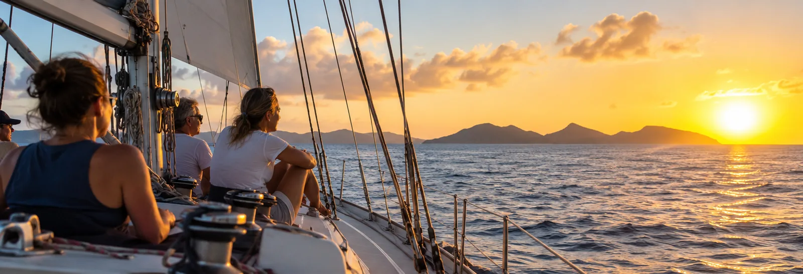 Opvarenden aan dek van een zeilboot bij zonsondergang, met eilanden aan de horizon.